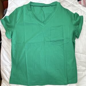 Women's 100% Cotton V-Neck Knit Top Short Sleeve Chest Pocket Green Size M